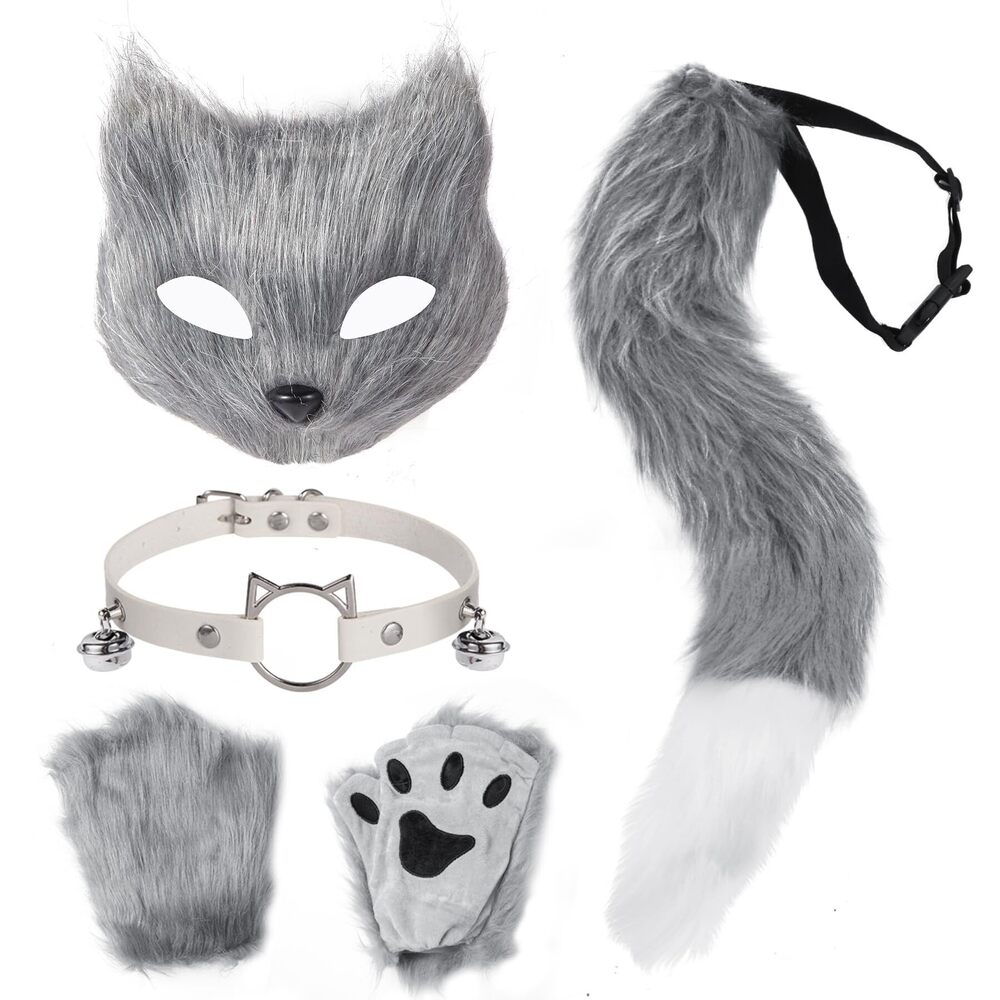 7254 4 Pcs Faux Fur Therian Mask And Tail Set For Halloween